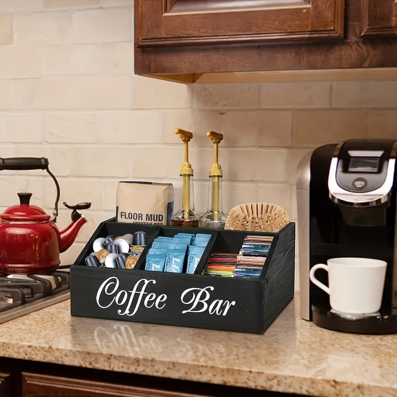 Coffee Station Organizer with Small Removable Dividers, Wooden Coffee Bar Accessories Storage For Countertop, Farmhouse Coffee Pod Holder Basket With Handle For Coffee Lover