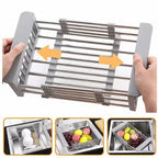 Adjustable Immersion Sink Dish Drying Rack With Stainless Steel Drain Basket - Portable And Retractable Space-Saving Fruit And Vegetable Solution