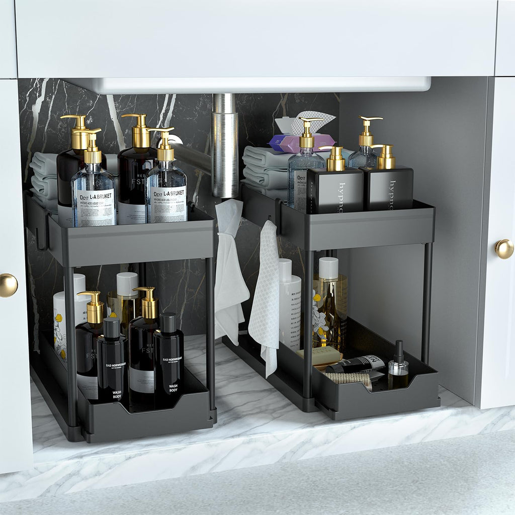 Modern Pullable Bottom Drawer, Pull Out Organizer 2 Tier ,Kitchen Organizer ,Slide Out Sink Shelf Cabinet Storage Shelves, Storage for Kitchen Bathroom Multipurpose Use