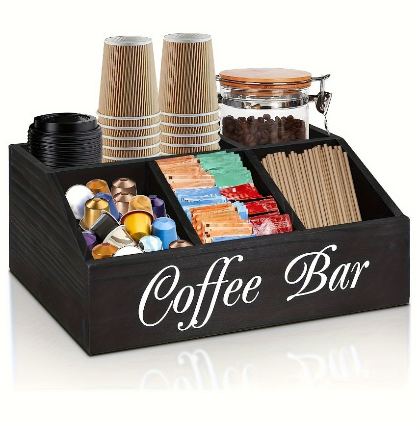 Coffee Station Organizer with Small Removable Dividers, Wooden Coffee Bar Accessories Storage For Countertop, Farmhouse Coffee Pod Holder Basket With Handle For Coffee Lover
