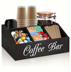 Coffee Station Organizer with Small Removable Dividers, Wooden Coffee Bar Accessories Storage For Countertop, Farmhouse Coffee Pod Holder Basket With Handle For Coffee Lover