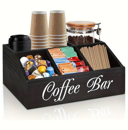 Coffee Station Organizer with Small Removable Dividers, Wooden Coffee Bar Accessories Storage For Countertop, Farmhouse Coffee Pod Holder Basket With Handle For Coffee Lover