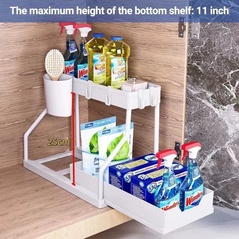 Pullable Bottom Drawer, Pull Out Organizer 2 Tier ,Kitchen Organizer ,Slide Out Sink Shelf Cabinet Storage Shelves, Storage for Kitchen Bathroom