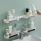Double-Tier Wall-Mounted Plastic Bathroom Storage Rack Corner Mounted Holder for Toilet Wash Table Sundries and Cleaning Tools Without Punching Holes-2pc