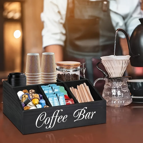 Coffee Station Organizer with Small Removable Dividers, Wooden Coffee Bar Accessories Storage For Countertop, Farmhouse Coffee Pod Holder Basket With Handle For Coffee Lover