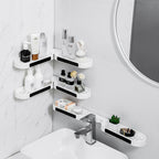 Double-Tier Wall-Mounted Plastic Bathroom Storage Rack Corner Mounted Holder for Toilet Wash Table Sundries and Cleaning Tools Without Punching Holes-2pc