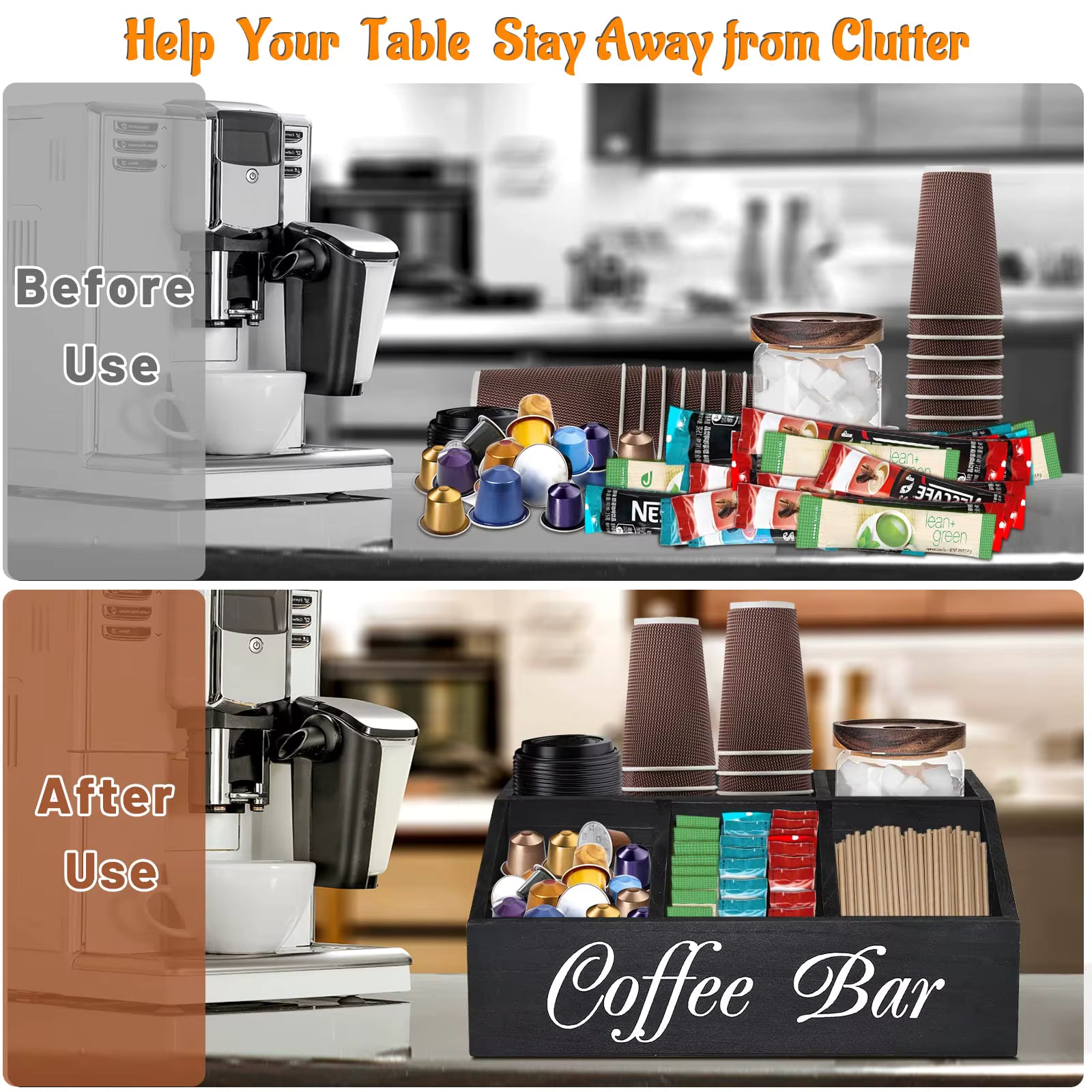 Coffee Station Organizer with Small Removable Dividers, Wooden Coffee Bar Accessories Storage For Countertop, Farmhouse Coffee Pod Holder Basket With Handle For Coffee Lover