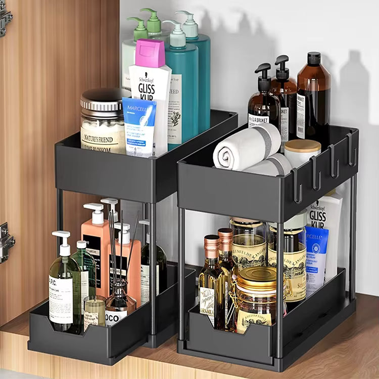 Modern Pullable Bottom Drawer, Pull Out Organizer 2 Tier ,Kitchen Organizer ,Slide Out Sink Shelf Cabinet Storage Shelves, Storage for Kitchen Bathroom Multipurpose Use
