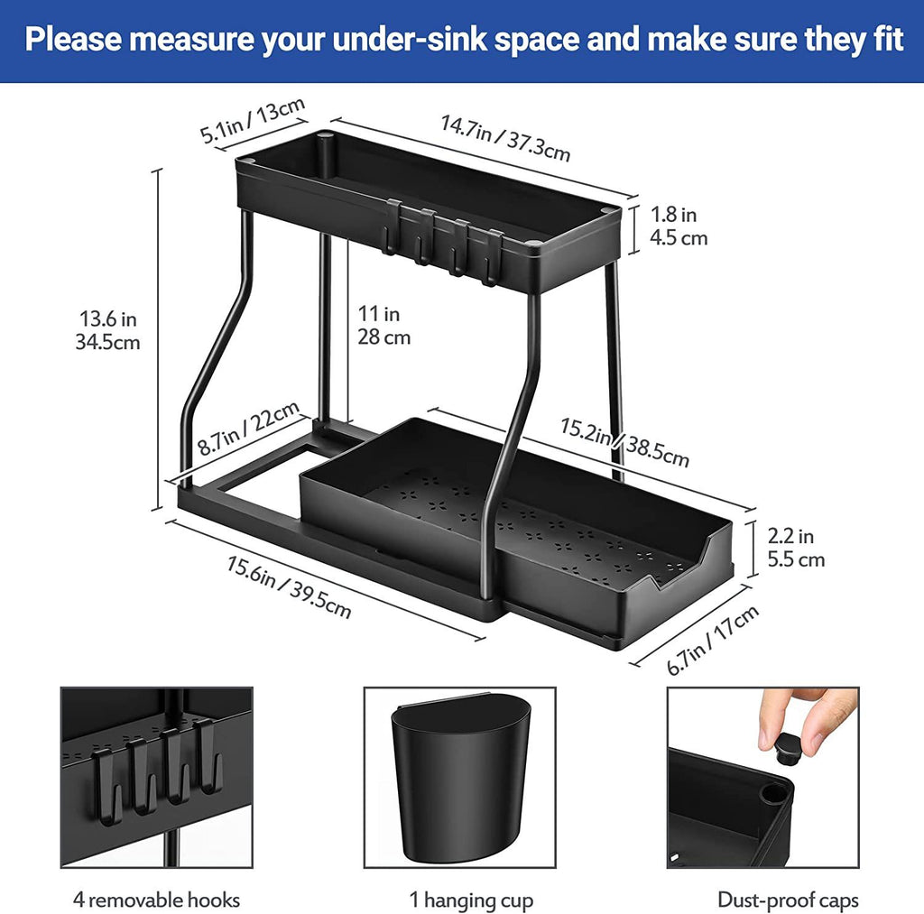 Modern Pullable Bottom Drawer, Pull Out Organizer 2 Tier ,Kitchen Organizer ,Slide Out Sink Shelf Cabinet Storage Shelves, Storage for Kitchen Bathroom Multipurpose Use