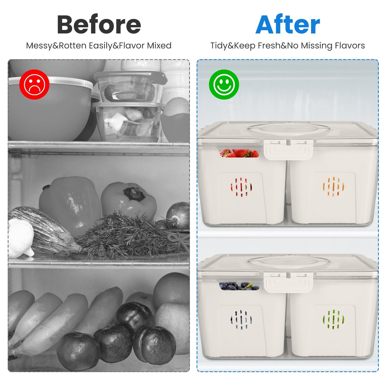 2Pack Airtight Fruit Storage Containers 4 Compartment Food Storage Containers Fruit Vegetable Organizers With 8 Removable Colanders For Fridge Picnic