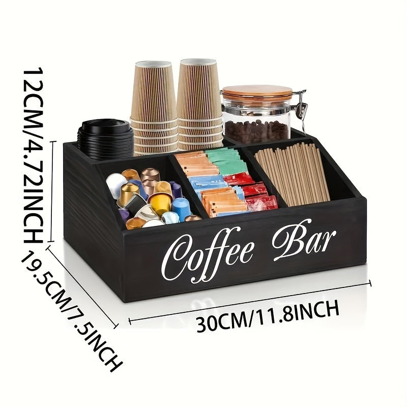 Coffee Station Organizer with Small Removable Dividers, Wooden Coffee Bar Accessories Storage For Countertop, Farmhouse Coffee Pod Holder Basket With Handle For Coffee Lover