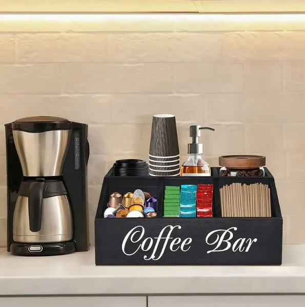 Coffee Station Organizer with Small Removable Dividers, Wooden Coffee Bar Accessories Storage For Countertop, Farmhouse Coffee Pod Holder Basket With Handle For Coffee Lover