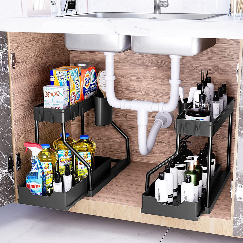 Modern Pullable Bottom Drawer, Pull Out Organizer 2 Tier ,Kitchen Organizer ,Slide Out Sink Shelf Cabinet Storage Shelves, Storage for Kitchen Bathroom Multipurpose Use