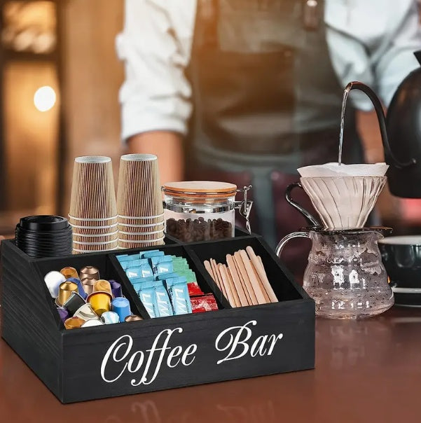 Coffee Station Organizer with Small Removable Dividers, Wooden Coffee Bar Accessories Storage For Countertop, Farmhouse Coffee Pod Holder Basket With Handle For Coffee Lover